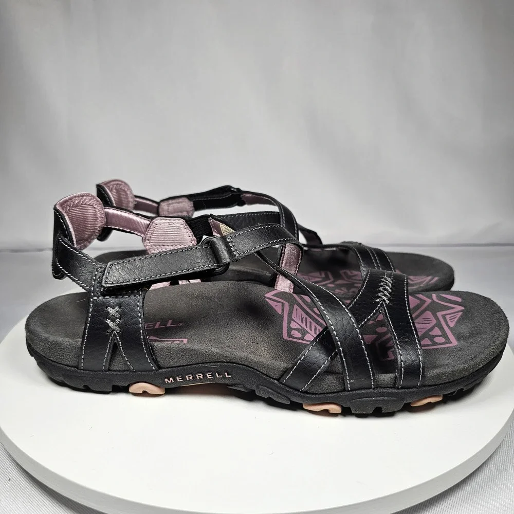 Merrell Women's Black‎ Leather Cross Strap Walking Sandals Size US 6 EUR 37